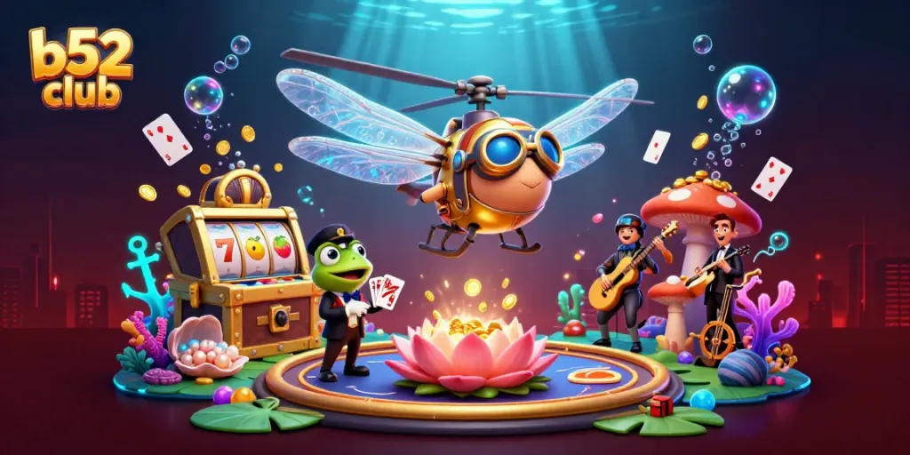 B52 club showcasing a vibrant gaming scene with animated characters and slot machines, featuring dynamic casino elements.