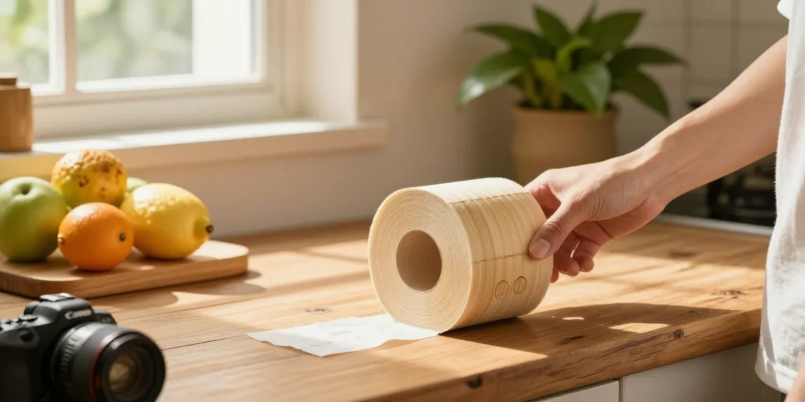 Bamboo toilet roll displayed in a sunny kitchen, showcasing eco-friendly and sustainable living.