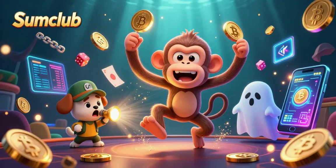 Engage with Sumclub as the playful ghost-hunter puppy tracks a mischievous monkey juggling golden casino treasures.