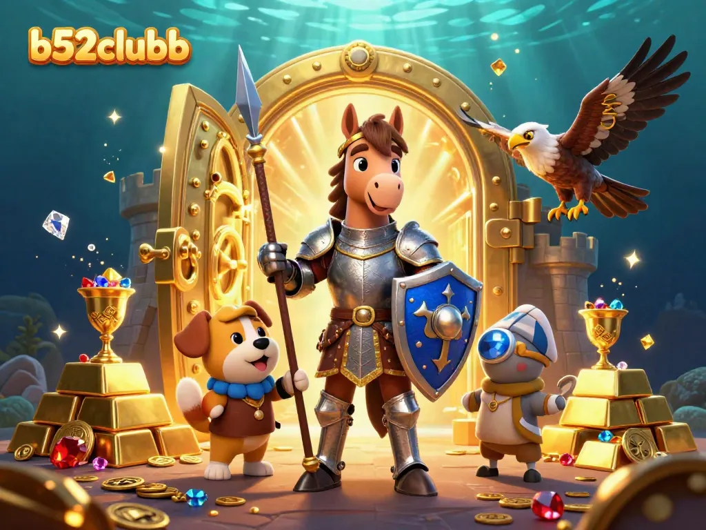 Celebrate your winnings with b52clubb in a vibrant medieval casino scene full of treasures.