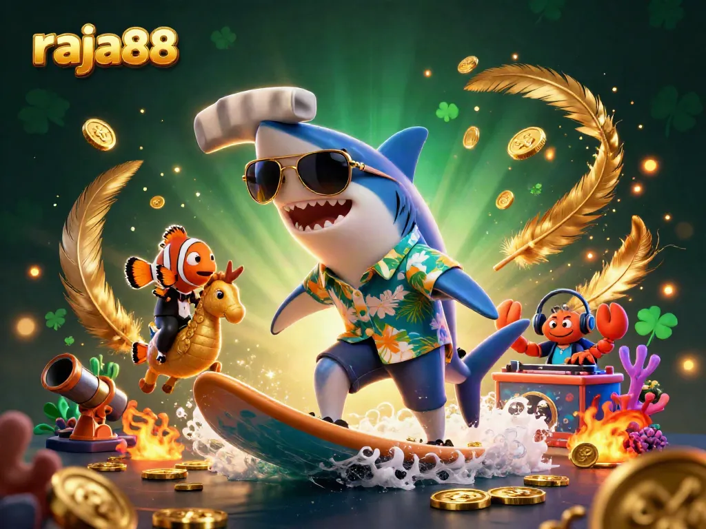 Experience excitement at raja88 with a vibrant underwater game scene featuring a shark, clownfish, and crab DJ.