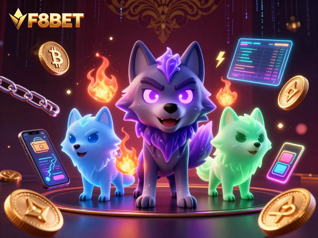 Engage with F8BET's immersive online casino experience featuring dazzling 3D wolves and crypto elements.