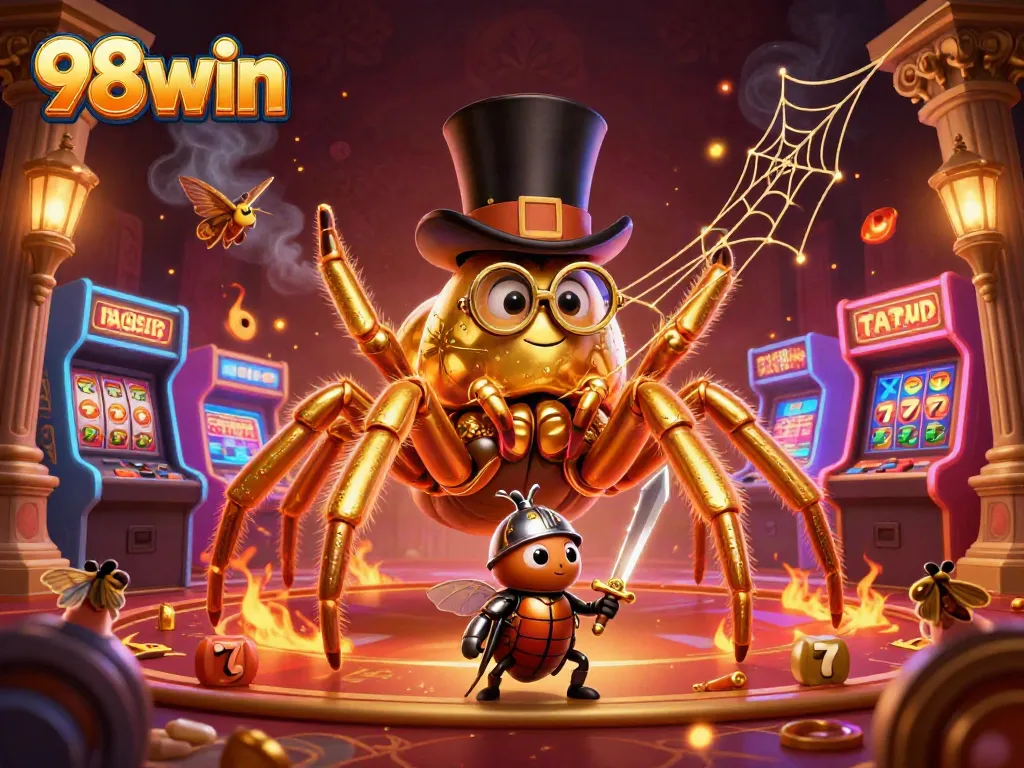 Experience exhilarating gaming with the golden tarantula weaving a lucky web at 98win's vibrant casino.