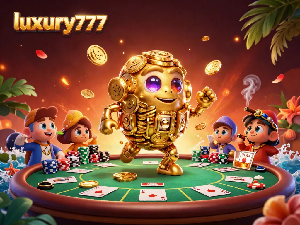 Experience luxury777 with vibrant gameplay from an animated golden golem amidst a poker table