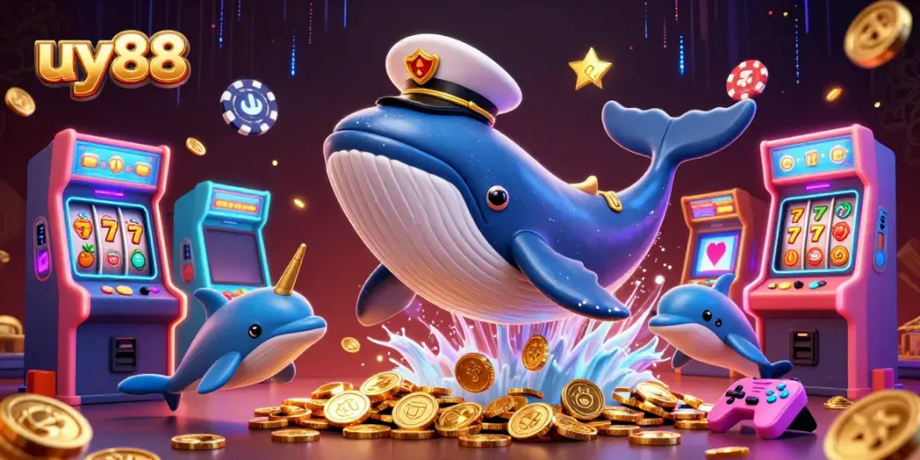 Experience uy88 excitement with a whale and dolphins in a vibrant casino scene filled with coins and gaming elements.