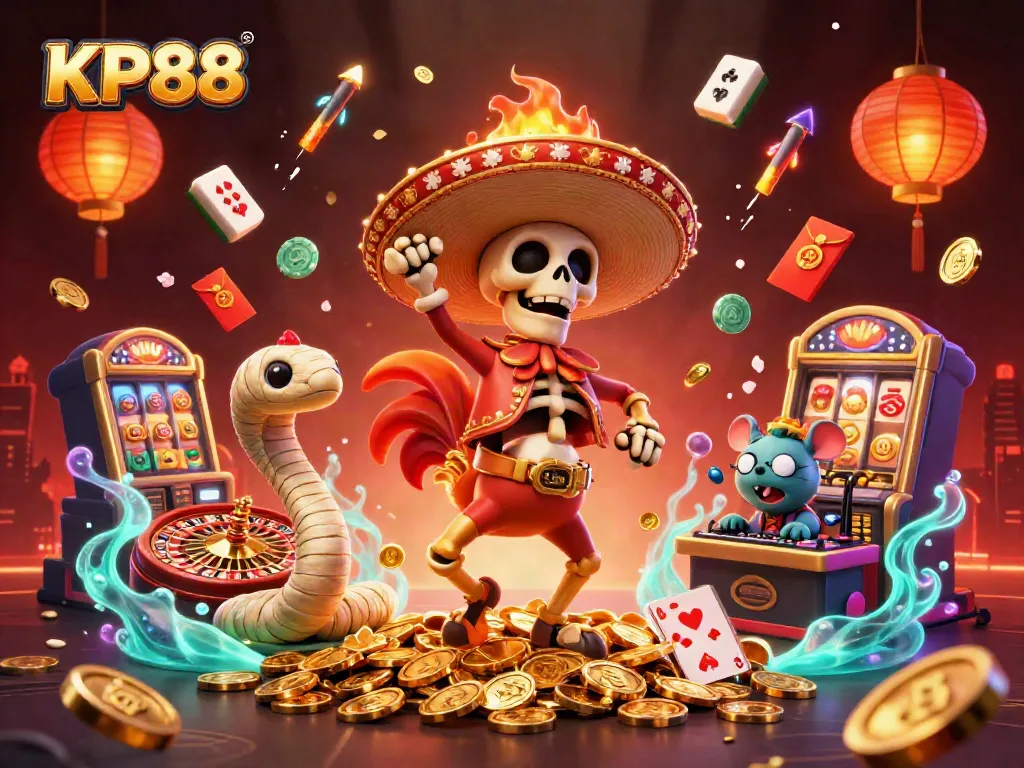Experience KP88's vibrant casino scene with colorful characters and thrilling game elements galore.