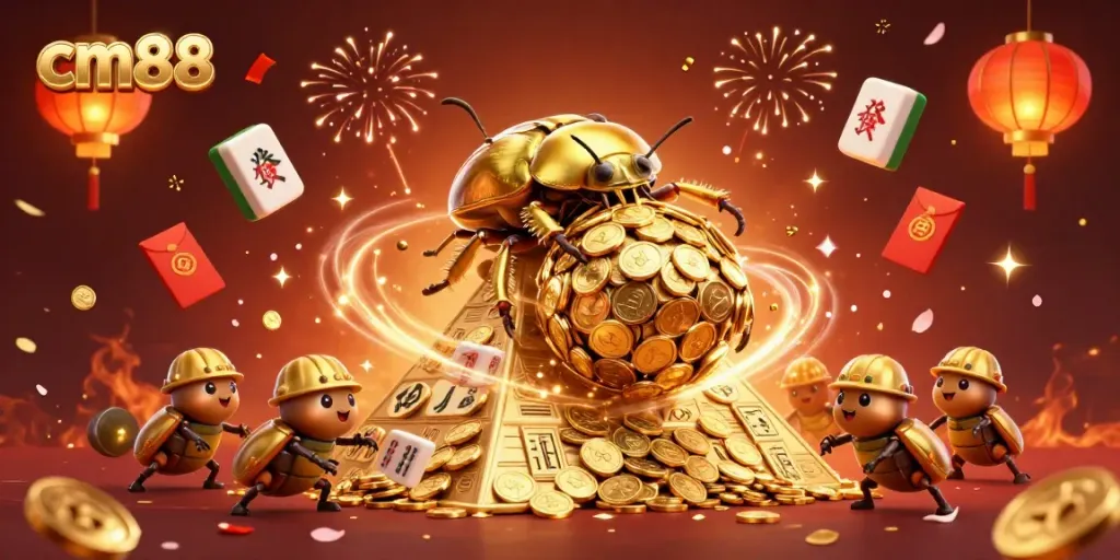 Experience the excitement of cm88 with golden beetles symbolizing rich casino winnings in a festive setting.