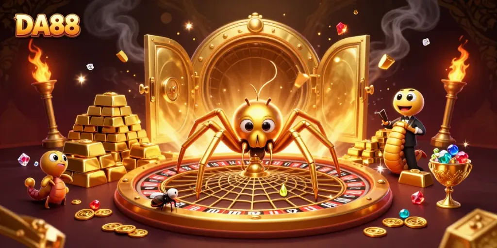 Bet with DA88 as the spider spins a golden roulette wheel surrounded by riches.