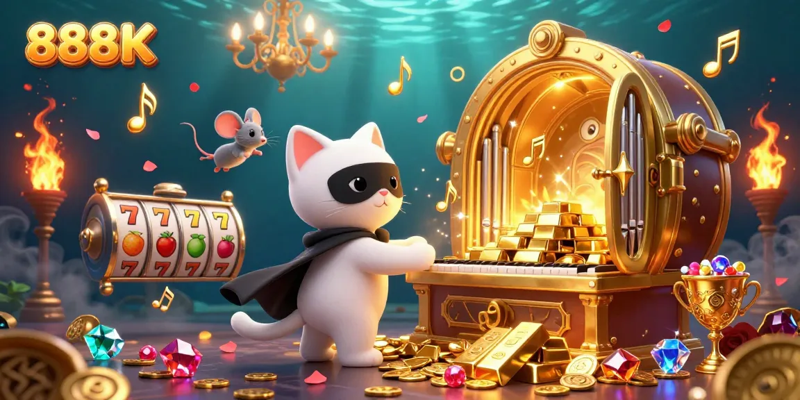 Experience the thrill of 888K with dynamic slots and gaming symbols in a vibrant casino scene.