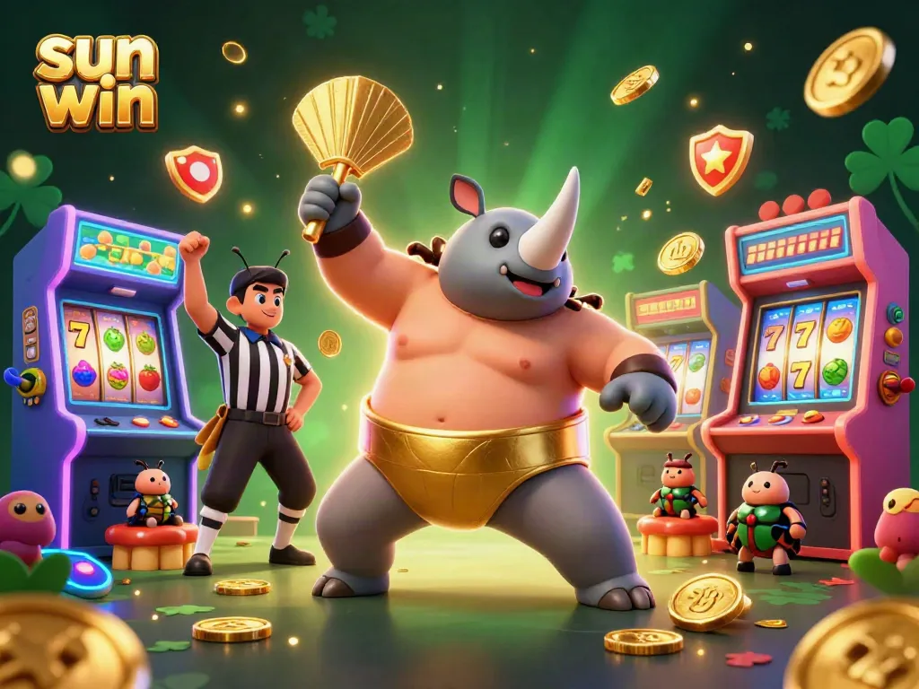 Experience slot excitement with sun win as a sumo beetle champion sends coins flying in a vibrant casino scene.