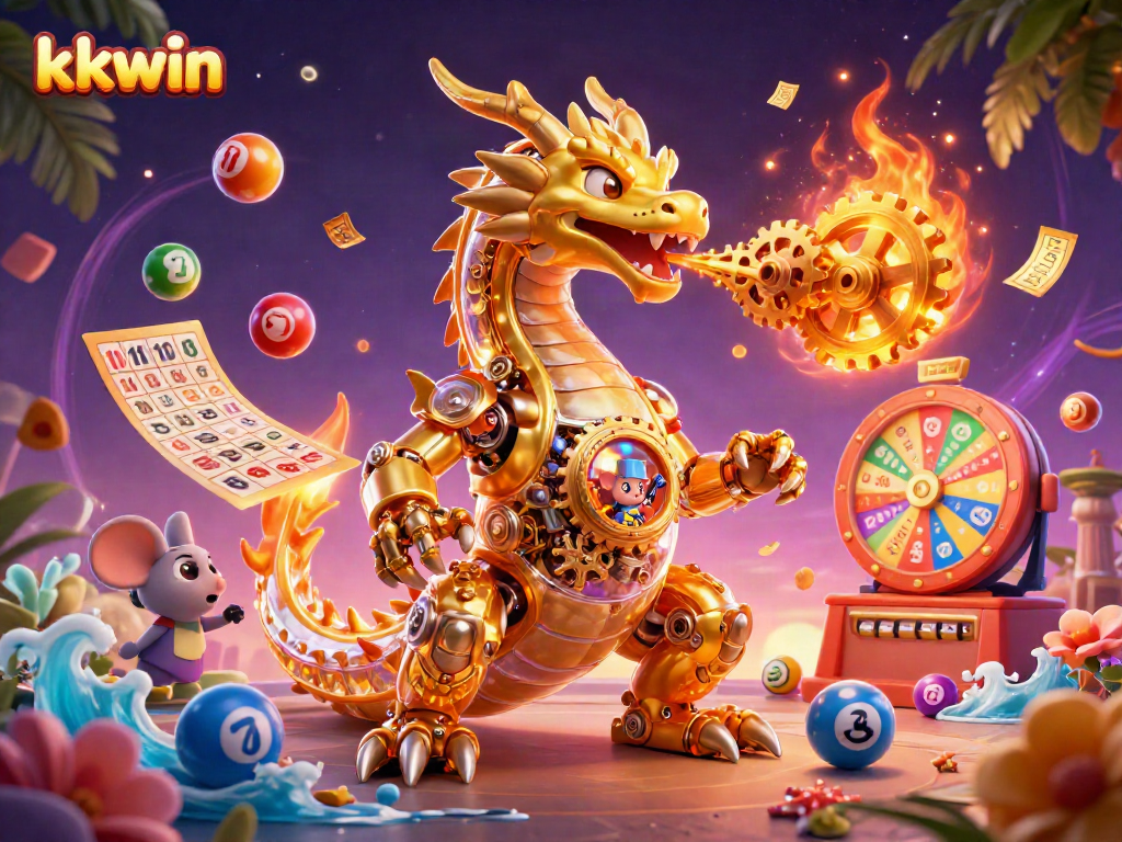 Engage with kkwin’s exciting world of gaming through a vibrant, dynamic casino illustration featuring a golden dragon and lottery elements.