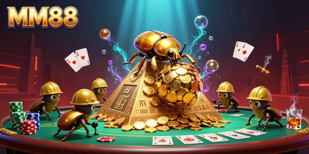 Engage in the vibrant scene of MM88's golden beetle rolling coins as symbols of luck and prosperity in the online casino realm.