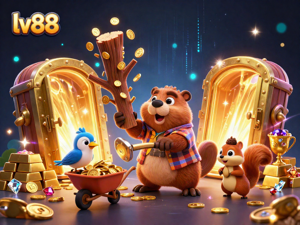 Spin and win at lv88 online casino with vibrant cartoon of gold raining from a tree!