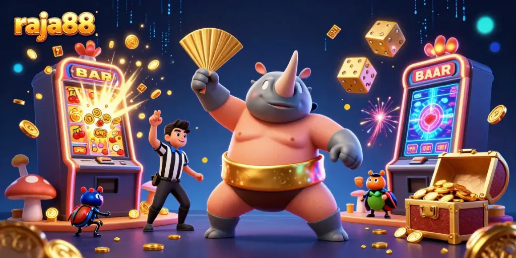 Engage with raja88 online casino excitement featuring vibrant characters and lively game elements.