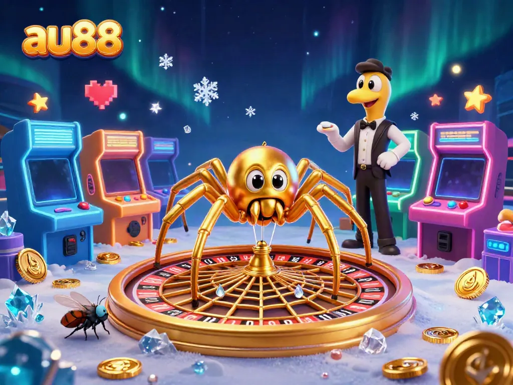 Experience thrilling bets with the au88 golden spider spinning a roulette wheel web in a vibrant casino scene.