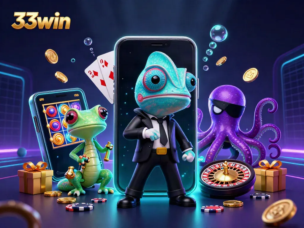 Join the excitement of 33win with a vibrant scene featuring dynamic casino elements and engaging characters.