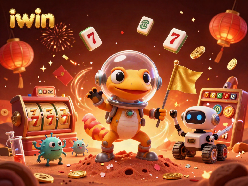iwin presents a Martian gecko discovering a golden casino, surrounded by vibrant gambling elements