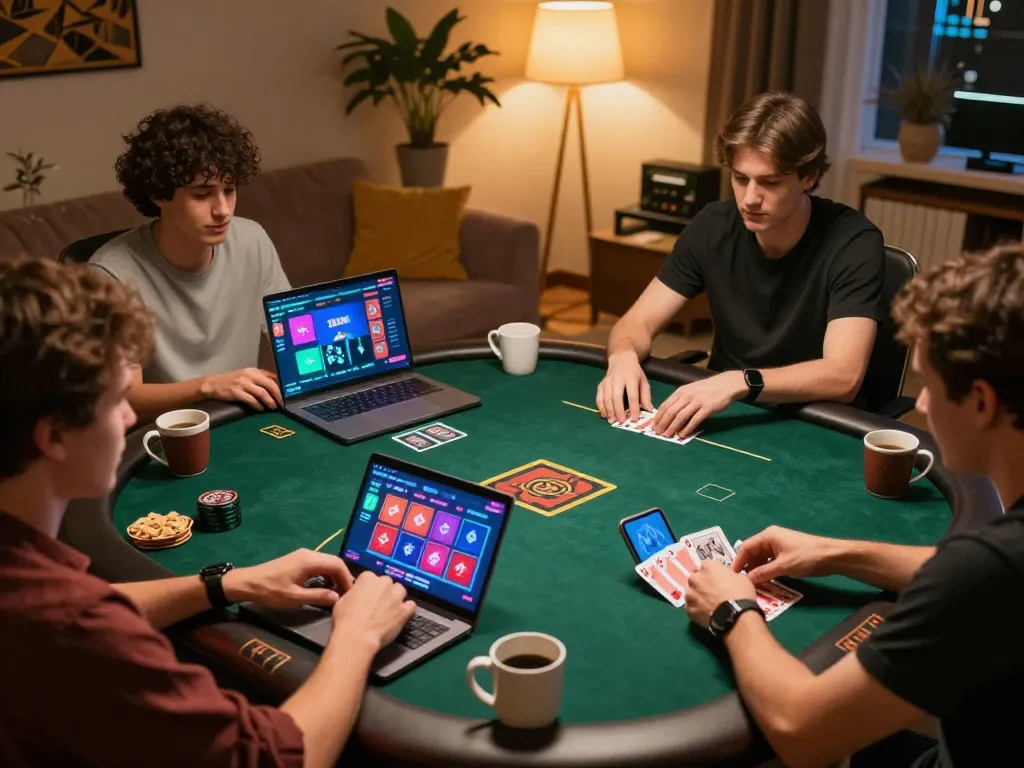 Players enjoying a fun F8BET online poker session, showcasing strategy and excitement in a lively home environment.
