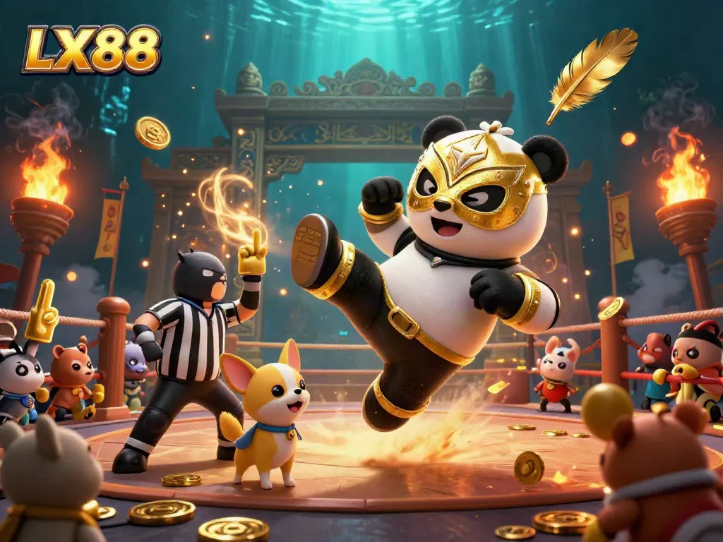 LX88 introduces exhilarating gameplay with a golden lucha libre panda and energetic animal audience in a dynamic casino scene.