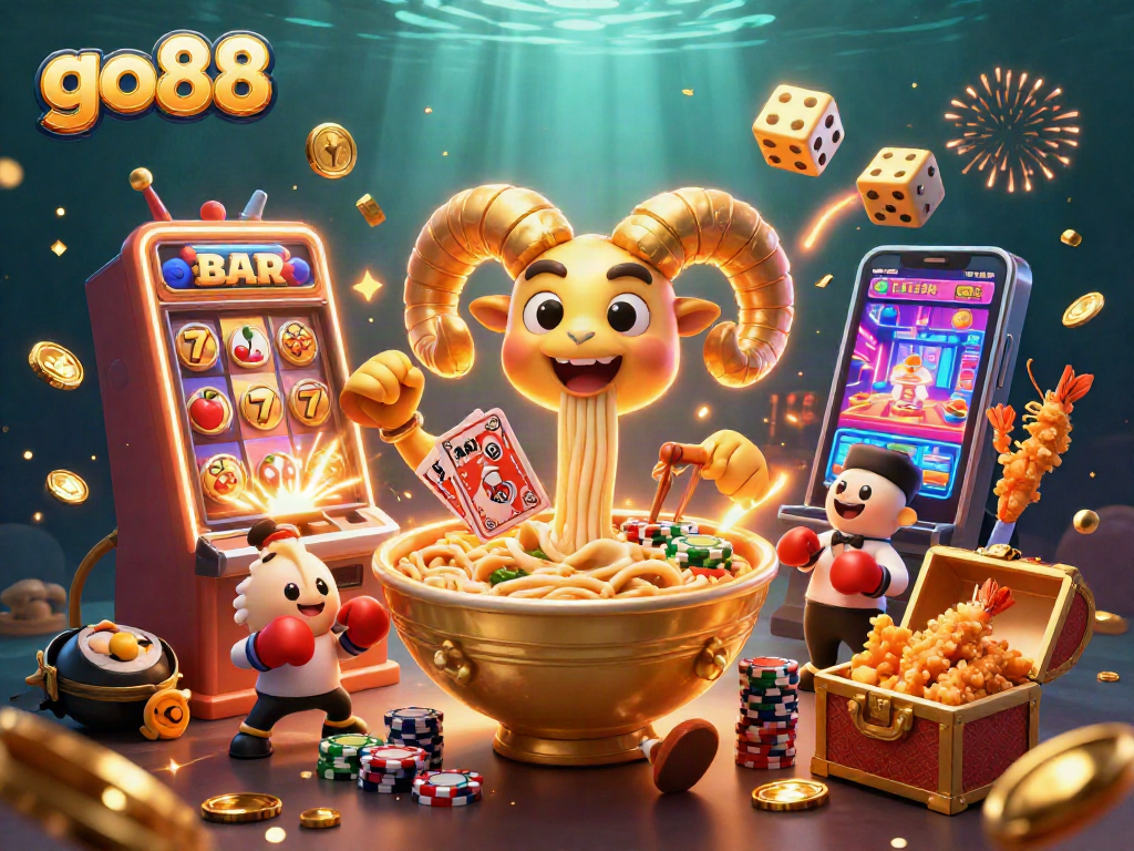 Experience the excitement of go88 with a vibrant illustration featuring a golden ramen bowl, casino elements, and energetic characters.