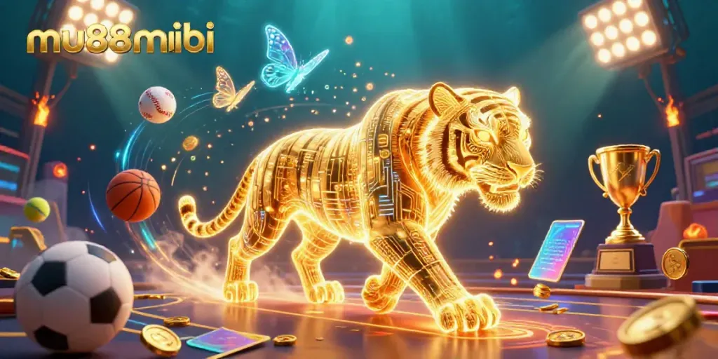 Experience the excitement of mu88mobi with a vibrant digital casino featuring a golden tiger and dynamic sports elements.