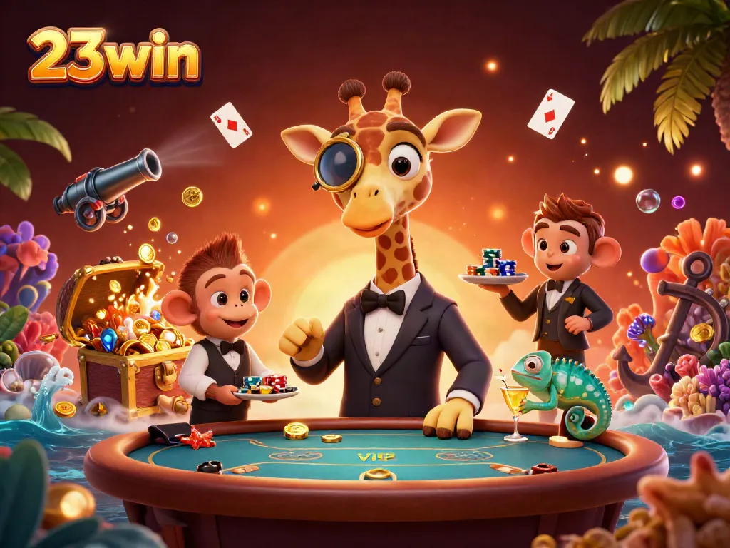 Experience the excitement of 23win with a giraffe gambler at a VIP poker table, surrounded by casino-themed elements.
