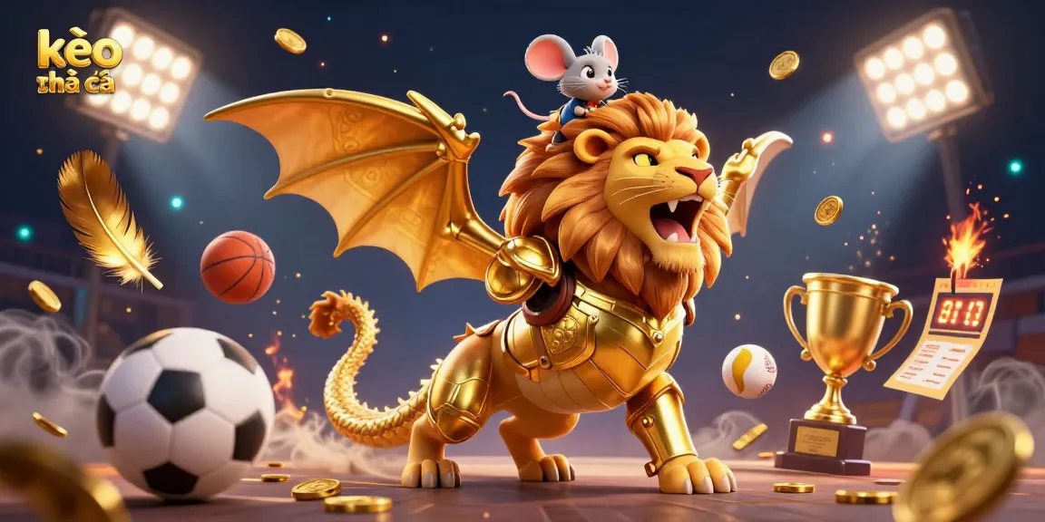 Experience thrilling kèo nhà cái action with a golden armored chimera and sports elements dynamically floating around.