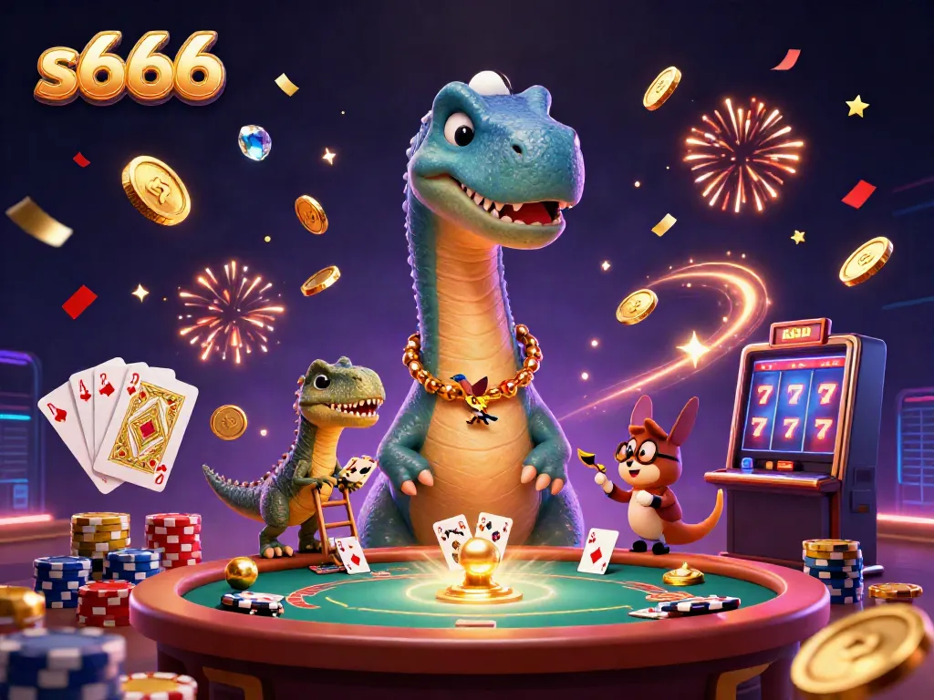 Experience the excitement of s666 in a vibrant casino scene with dinosaurs and dynamic game elements.