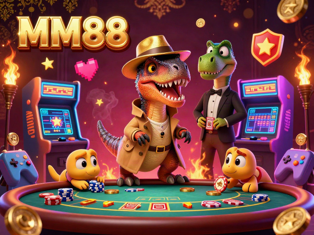 Experience the thrill at MM88 with a velociraptor card counter and stegosaurus pit boss in a vibrant casino scene.