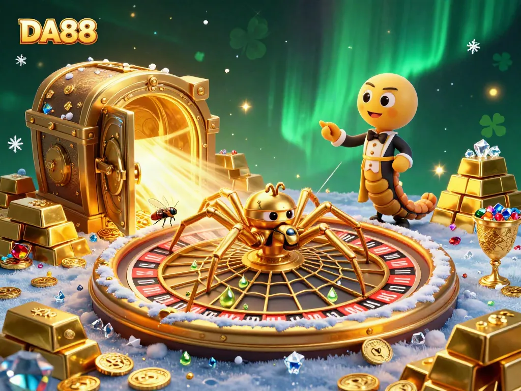 Experience thrilling bets with DA88, as a golden spider spins a roulette web surrounded by riches.