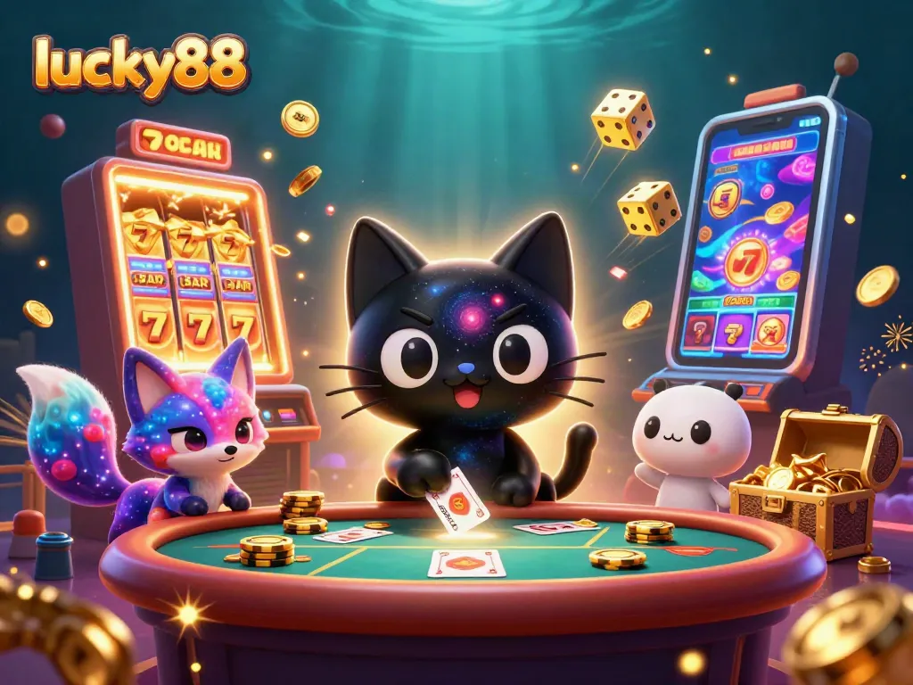 Engage with lucky88 as a cosmic black hole cat attracts casino chips and cards.
