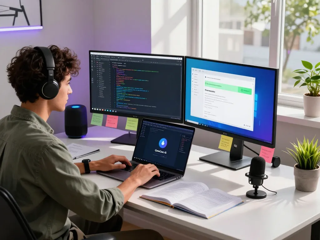 Developer configuring clawbot personal AI assistant in a modern workspace with vibrant messaging interfaces, coding, and advanced tech tools.
