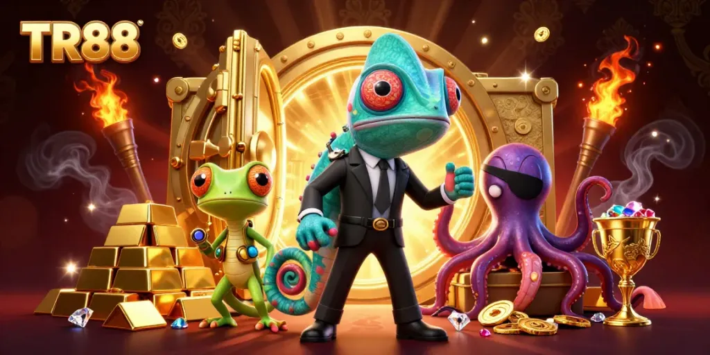 TR88 engaging in high-stakes casino adventures with vibrant treasures and characters.