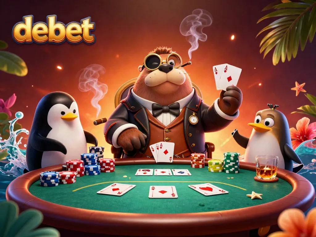 Experience debet online gaming with a jolly walrus and sophisticated penguin dealer at an underwater poker table.