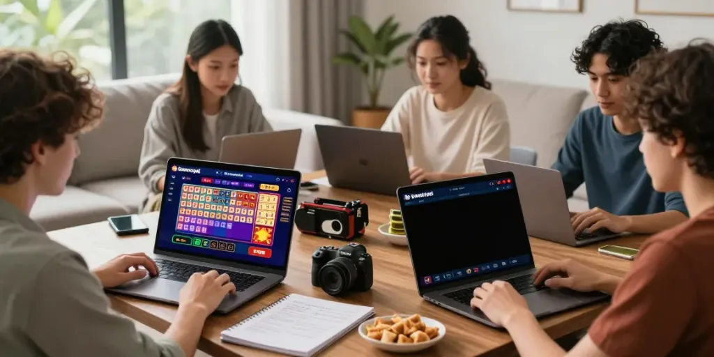 Dewatogel users engrossed in online lottery gaming on laptops and smartphones in a cozy, modern living space.