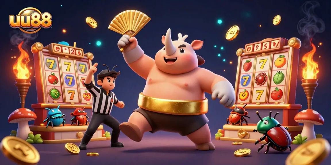 Experience thrilling uu88 slots with a sumo beetle champion and vibrant game elements.