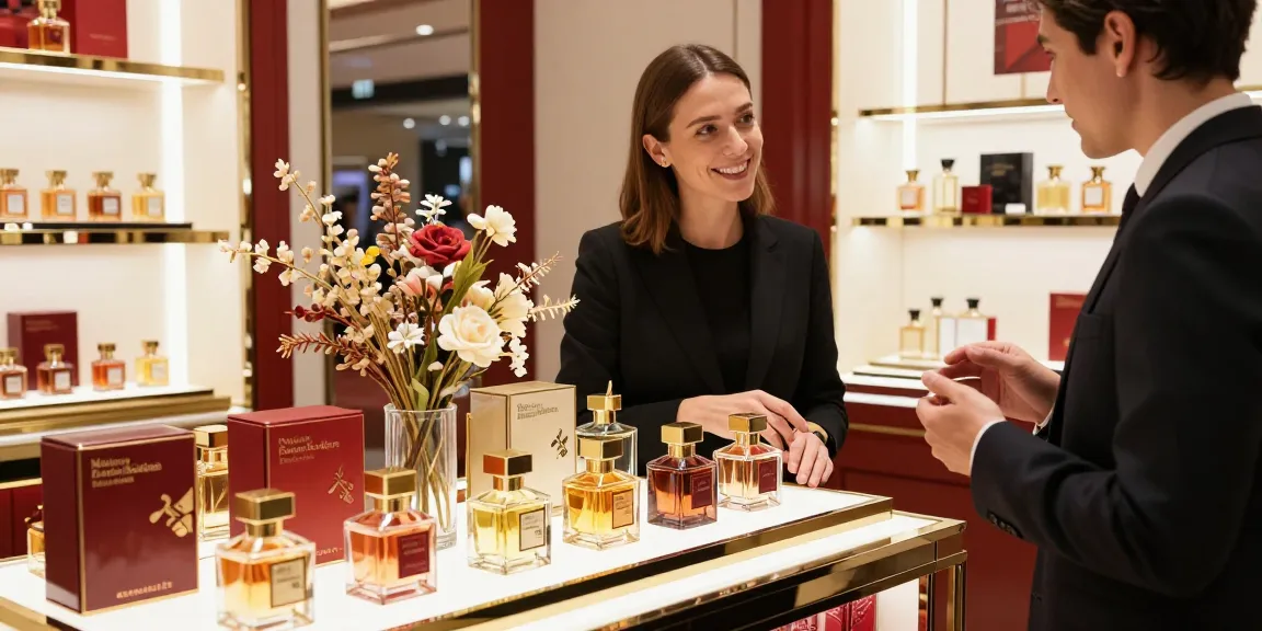 Maison Francis Kurkdjian (MFK) perfume display in an elegant boutique, exuding luxury and charm.