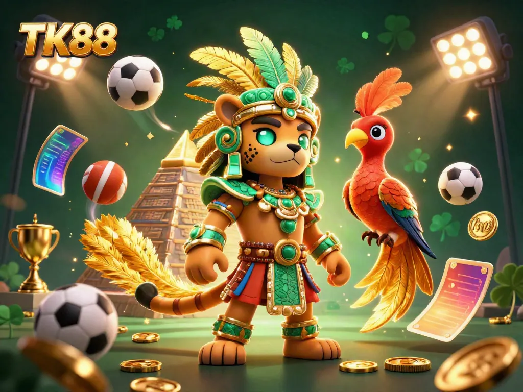 Experience thrilling action at TK88, featuring a Mayan priest and vibrant sports elements, all in stunning 3D detail.