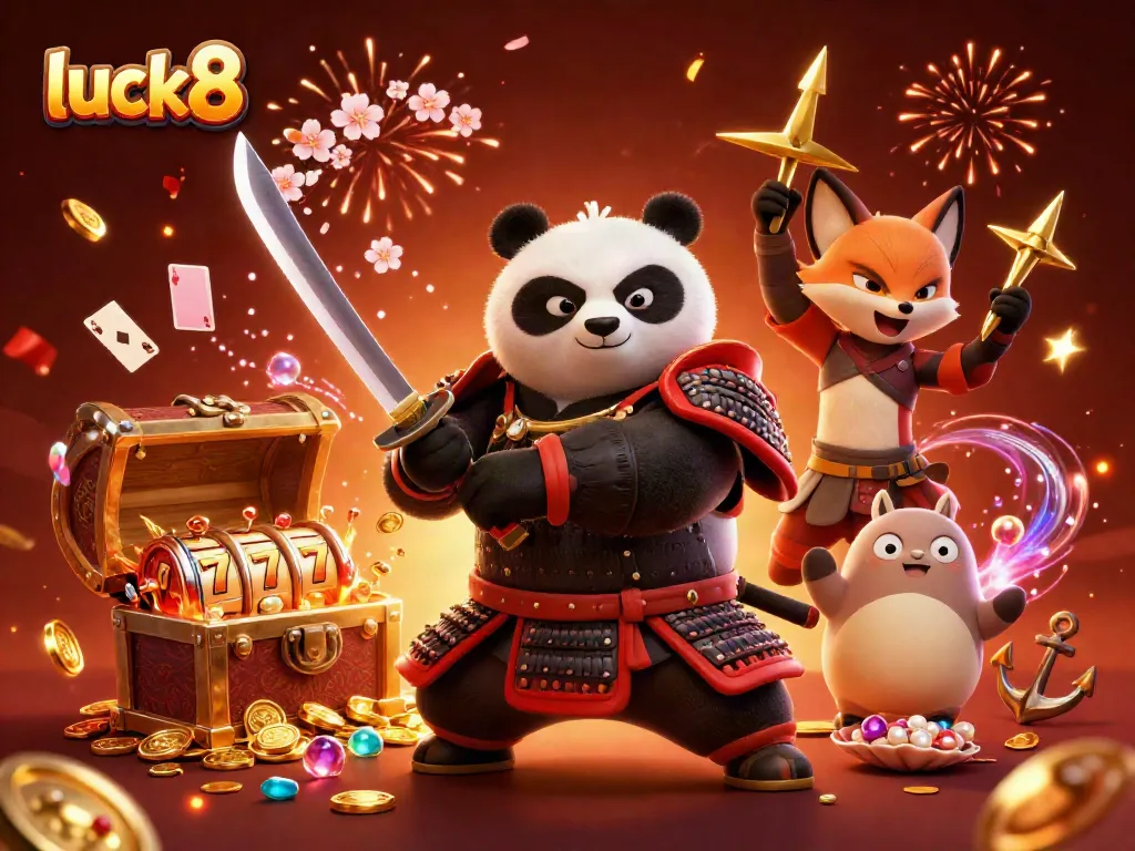 Experience thrilling action with the luck8 samurai panda and friends, as they win big with slot reels and golden treasures!