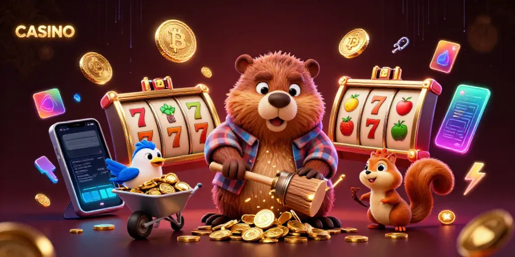 CASINO scene with playful beaver and gold coins, embodying fun gambling dynamics.