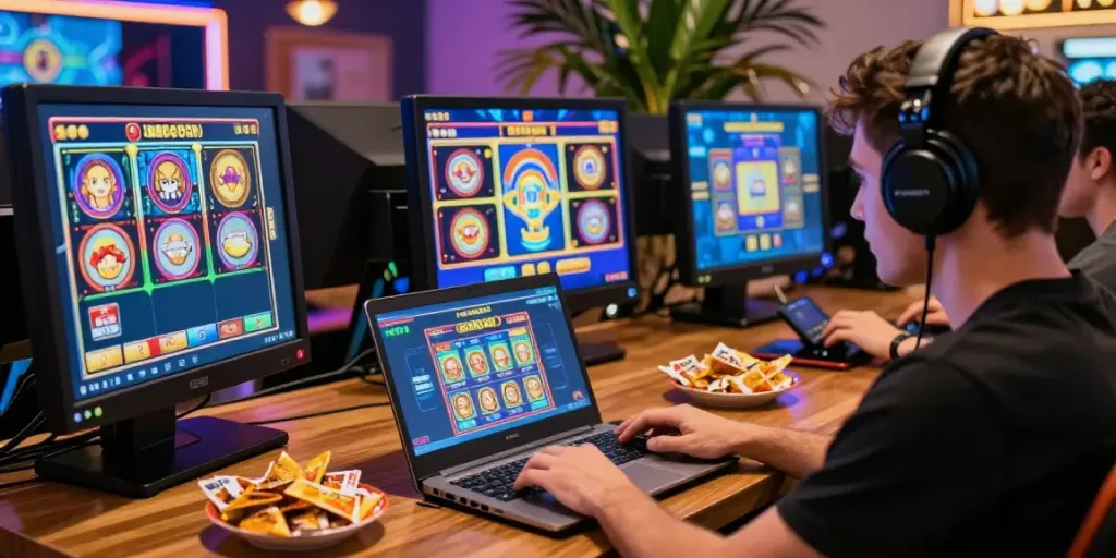 Pengguna bermain judi slot online di laptop dengan suasana gaming yang ceria dan nyaman.