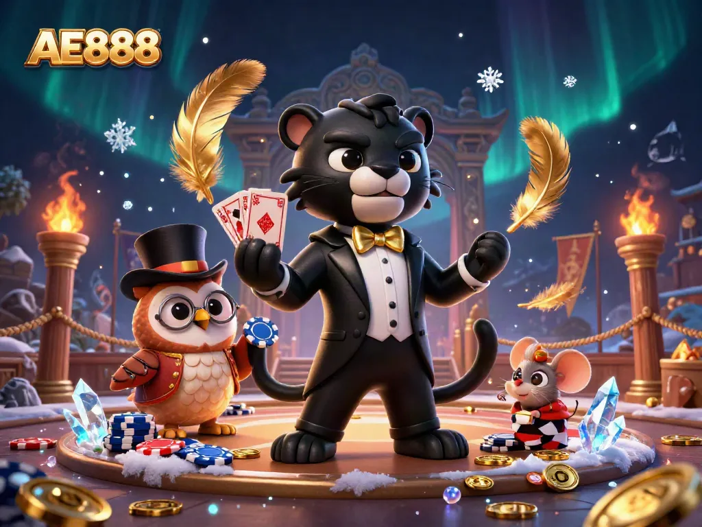 Engage in thrilling gaming adventures at AE888 casino with a lively illustration featuring charming characters.