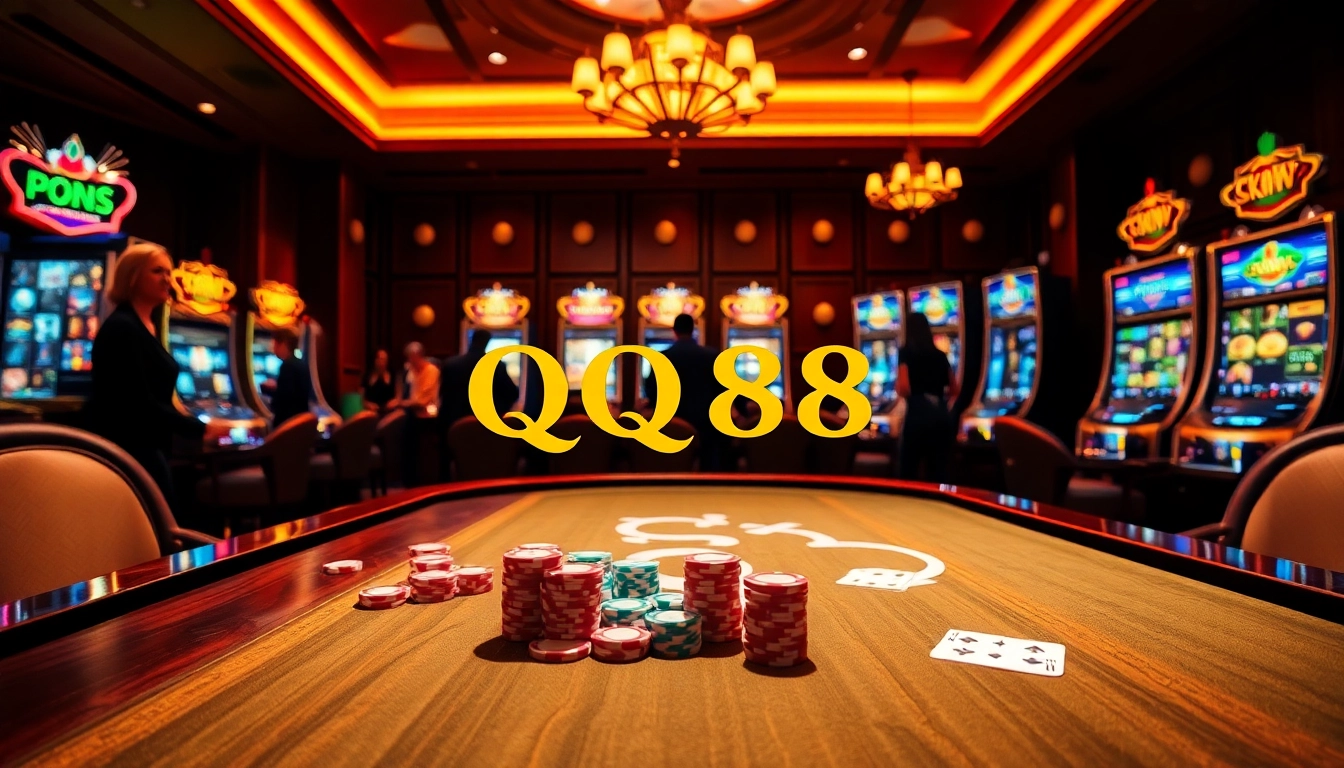 Engaging gamblers at a vibrant QQ88 casino table with colorful chips and lively atmosphere.