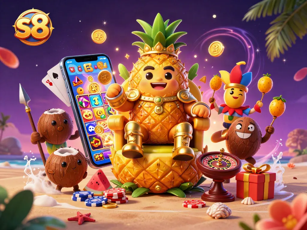 s8 brings excitement with a golden pineapple king at a beach casino, surrounded by dynamic gaming elements and characters.