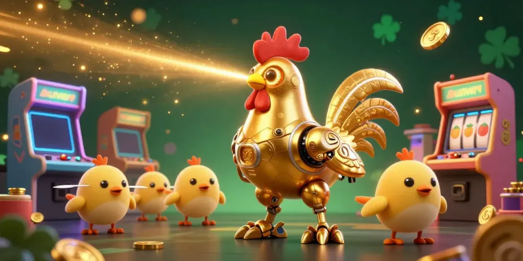 Experience the vibrant and engaging gaming world of sunwin with a golden rooster robot and dynamic arcade elements.