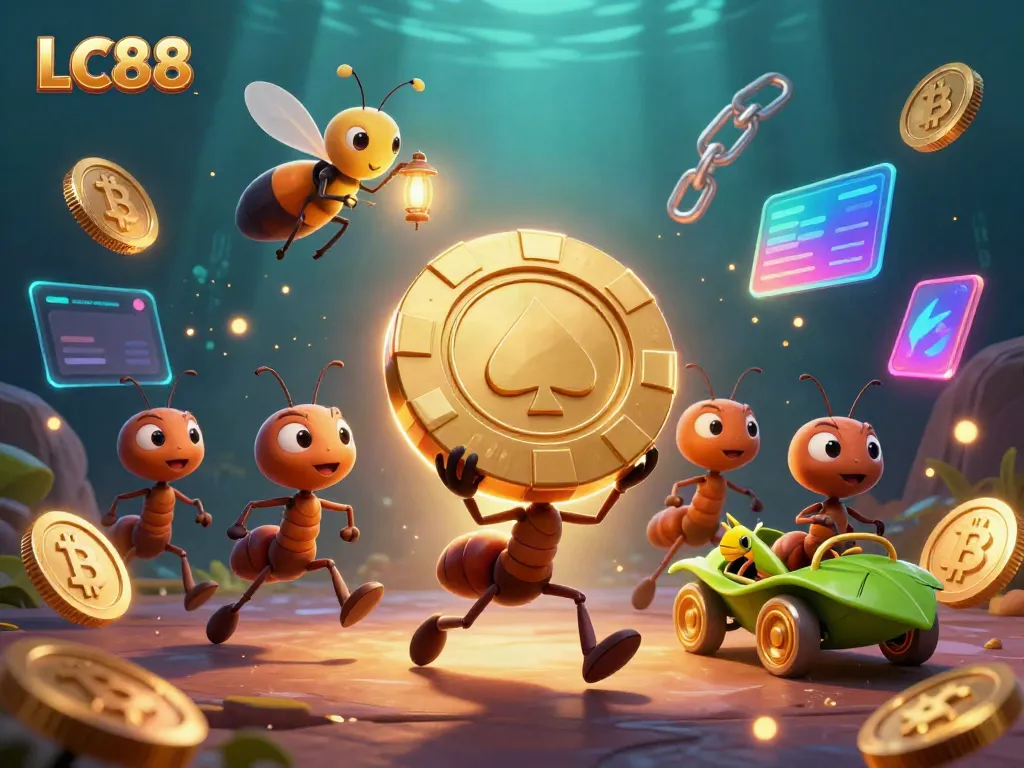 Engage with LC88 as cartoon ants orchestrate a heist, showcasing vibrant casino elements.