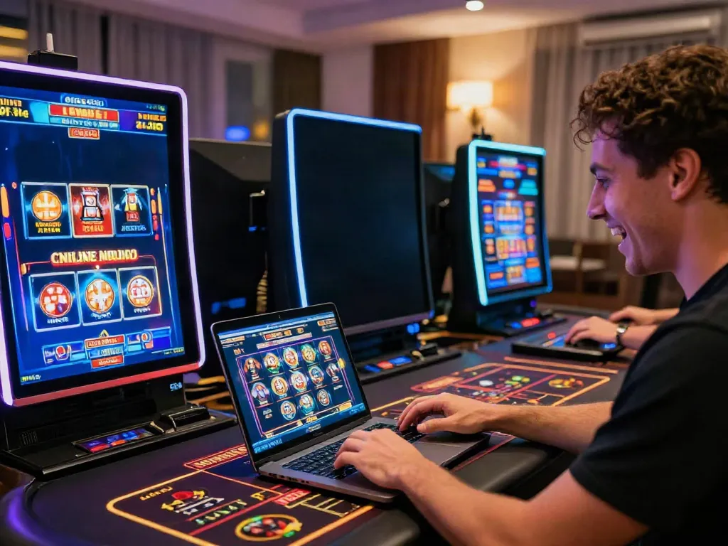 Exciting moment at online credit card casinos, featuring a player immersed in vibrant gaming experience on a laptop.
