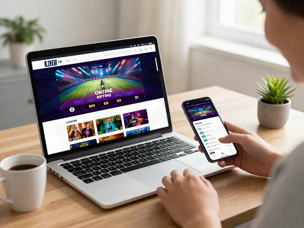 Engaged user at home using uk88 online betting platform on laptop and smartphone