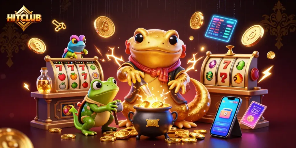 HITCLUB promotes engaging gameplay with golden alchemist characters by showcasing captivating slot elements in a vibrant casino.