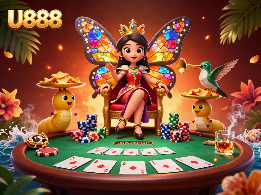 Play with U888's vibrant 3D casino scene featuring a butterfly queen and poker elements.